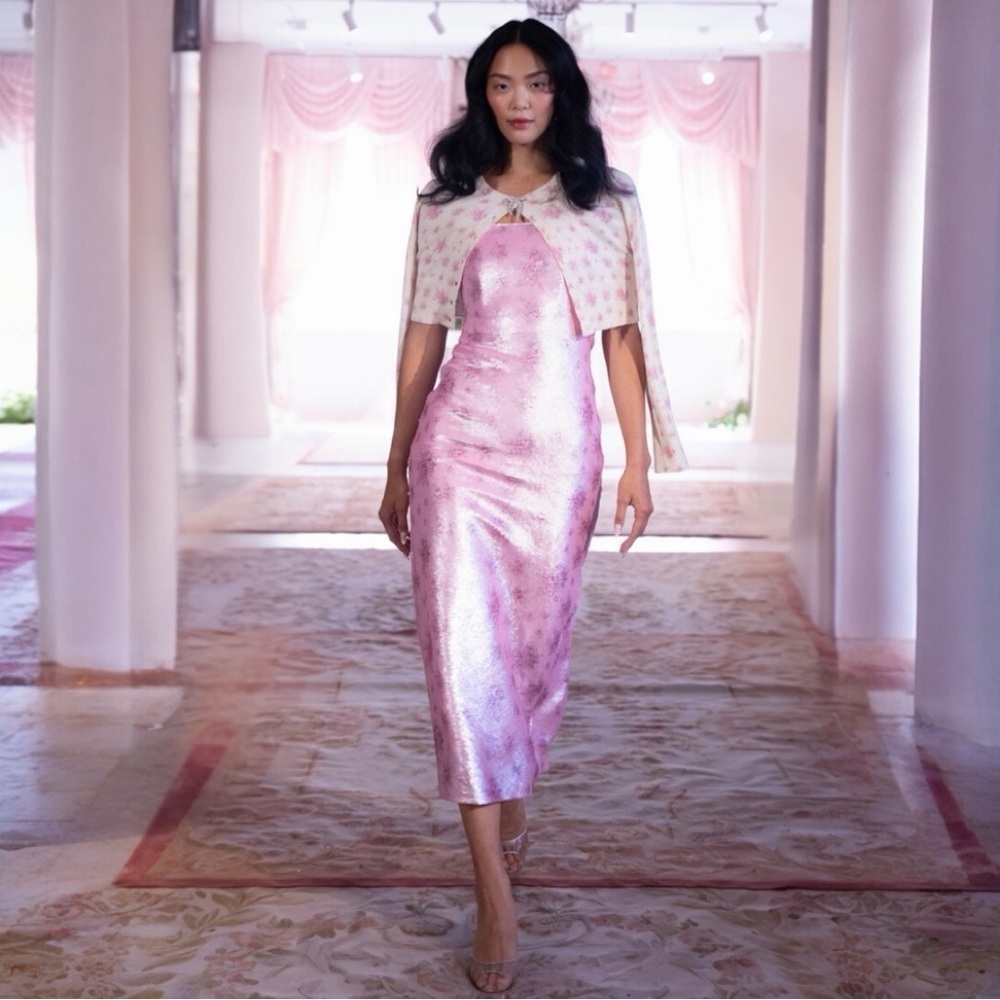 LoveShackFancy Stasia Sequin Floral Strapless Pink Cocktail Midi Dress NEW - Picture 5 of 15